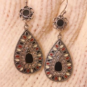 Black Red White Mosaic Crystal Dangle Earrings